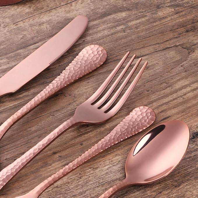 5-Piece Rose Gold Silverware Flatware Set Service for 1 Stainless Steel Cutlery Set Include Dinner Knife Table Fork Table Spoon Salad Fork Tea Spoon for Wedding, Dishwasher Safe