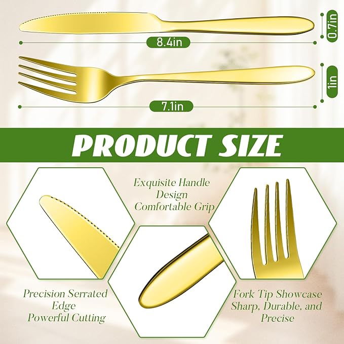 Nuenen 100 Pieces Stainless Steel forks and knives Dinner Flatware Set Tableware Cutlery for Butter Kitchen Restaurant, Dishwasher Safe (Gold,9.06 Inches, 8.07 Inches)