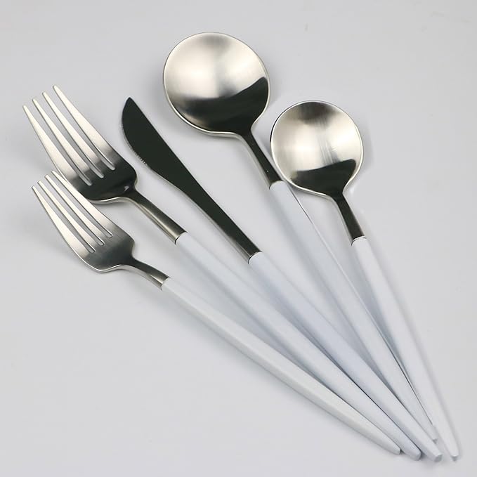 20-Pieces Luxury White Handle Silver 18/10 Stainless Steel Flatware Set, Matte Finish, Service for 4