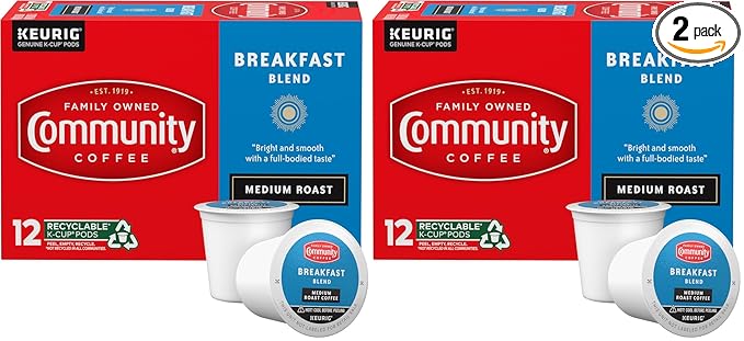 Community Coffee Breakfast Blend 12 Count Coffee Pods, Medium Roast, Compatible with Keurig 2.0 K-Cup Brewers, 12 Count (Pack of 2)
