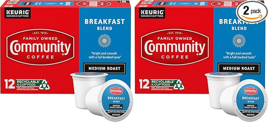 Community Coffee Breakfast Blend 12 Count Coffee Pods, Medium Roast, Compatible with Keurig 2.0 K-Cup Brewers, 12 Count (Pack of 2)