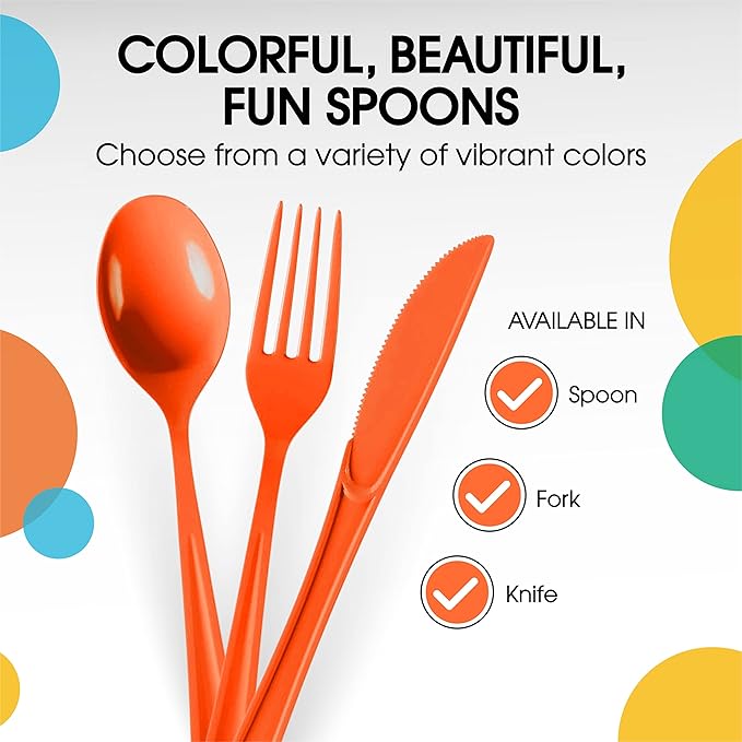 Party Solids Orange Plastic Spoons 200 Pieces Orange Spoons Disposable Utensils Heavy Duty Plastic Cutlery Set Disposable Cutlery Sets Flatware Sets Silverware Set Party Supplies & Party Tableware