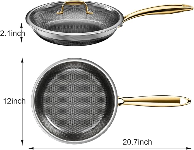 Fogdream 12”Stainless Steel Pan, Non Stick Frying Skillet with Lid, Tri-Ply Stainless Steel for All Cooktops, Dishwasher and Oven-Safe Cooking Pan, Stay-Cool Handle, Gold