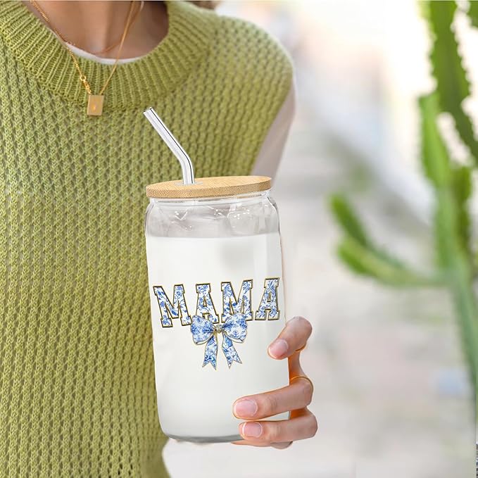 Blue Bow Mama Glass Cup with Lids and Straws 14oz, Best Mother's Day Birthday Gifts for Mama Mom Gifts from Daughters Sons Glass Iced Coffee Tumbler Drinking Jars with Cleaning Brush