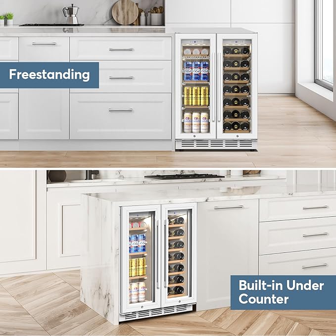Wine and Beverage Refrigerator, 24 Inch Beverage Cooler Dual Zone with Glass Door, Under Counter Beverage Fridge with Upgraded 65 Cans 18 Bottles Large Capacity, White