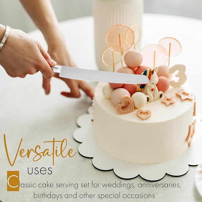 Cake Knife and Server Set, Cake Cutter and Pie Spatula, Cake Server and Knife Set with Acrylic Crystal Handles, Cake Cutting Set for Wedding Cake – 1.2mm Thick Blades, Birthdays, and Parties (Silver)