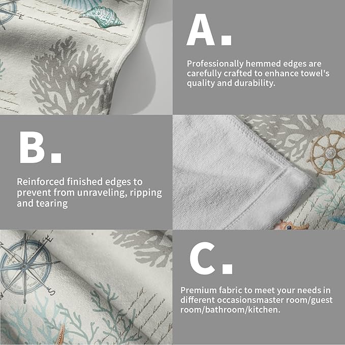 Imiss Nautical Blue Coral Hand Towels Set of 2 Vintage Seashell Starfish Compass Decorative Bath Towels Soft Small Fingertip Face Towel for Home Bathroom Hotel