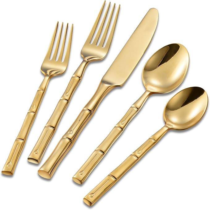 Flatware Set Gold Silverware Set with Bamboo Pattern Mirror Polished 20 Pieces Cutlery Set Housewarming Wedding Gift Service for 4