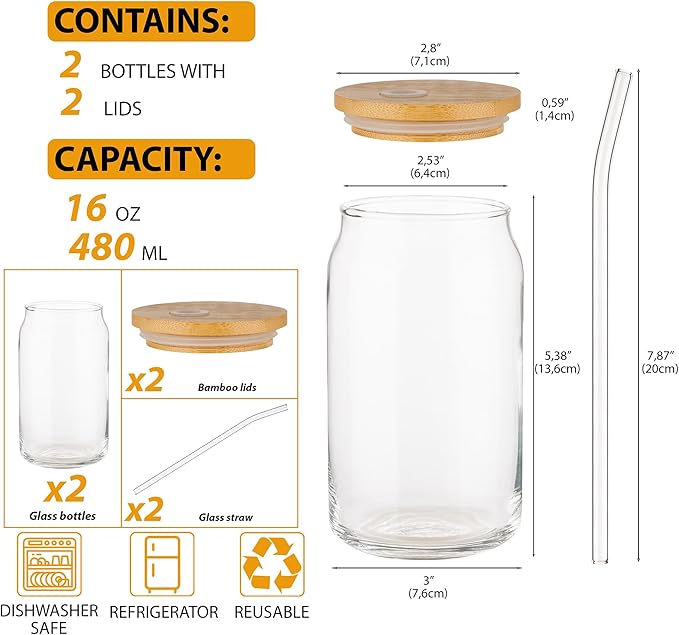 Glass Cups with Lids and Straws, 16 Oz - Set of 2 Reusable Iced Cold Coffee Tumblers - Clear Glass Bottle for Water with Bamboo Lids