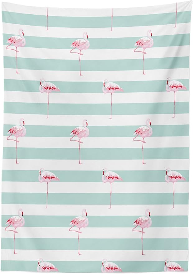 Ambesonne Modern Tablecloth, Pink Flamingo Birds on the Horizontal Striped Band Background Love Tropical Graphic Design, Rectangular Table Cover for Dining Room Kitchen Decor, 60" X 90", Seafoam White