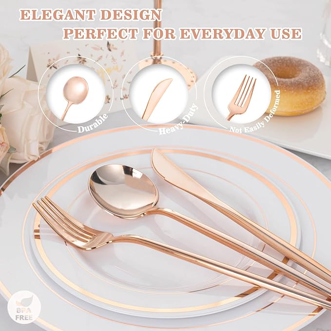 150PCS Rose Gold Plastic Silverware,Heavy Duty Disposable Utensils Include 50 Forks,50 Spoons and 50 Knives,Pink Cutlery Plastic Silverware Sets for Party, Birthday,Wedding