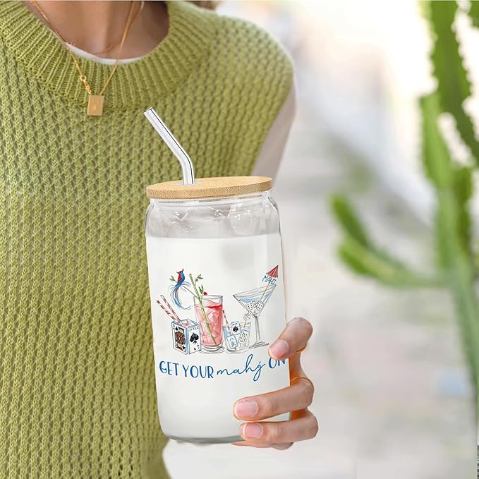 Trendy Mahjong Cocktail Glass Cup with Lids and Straws 14oz, Gifts for Mahjong Players Lovers, Mah Jong Accessories Glass Iced Coffee Tumbler Drinking Jars with Cleaning Brush