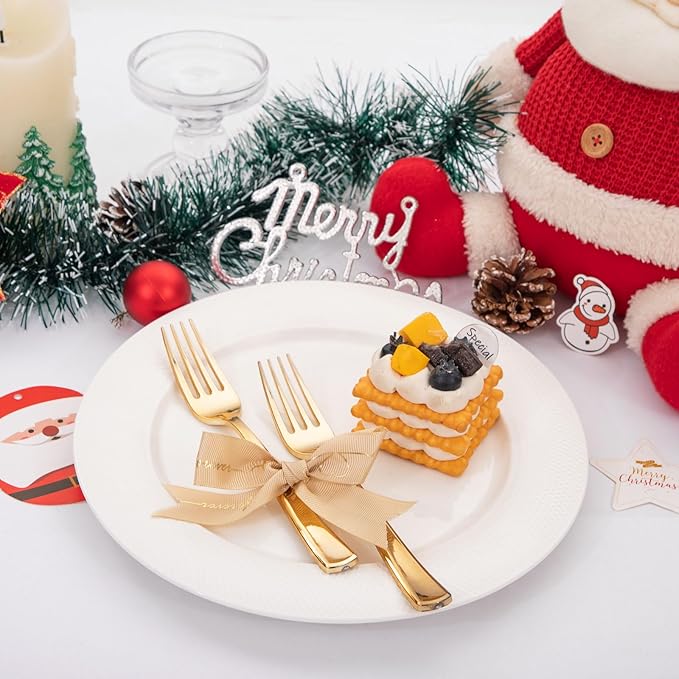 Liacere 200pcs Gold Plastic Forks - Heavyweight - 7.4 Inch Heavy Duty Forks - Gold Plastic Silverware Perfect For Parties & Weddings & Restaurants & New Year And Daily Using&Christmas&New Year