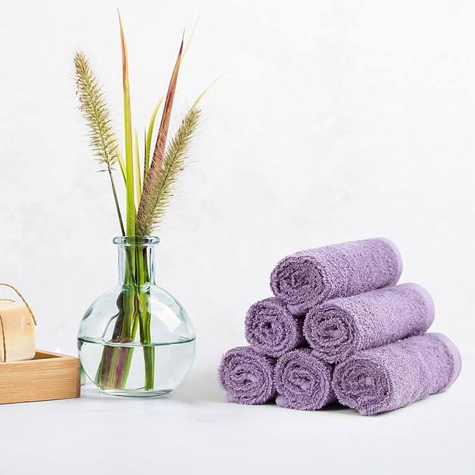 Amazon Basics face Towels for bathroom, 100% Cotton Extra Absorbent washcloth, Fast Drying - salon towel - 24 Pack Lavender (12 x 12 inches)