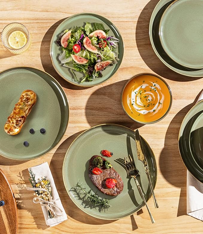 TheTerra Ceramic Dinnerware Sets for 6, 18 Pieces Porcelain Lightweight Plates and Bowls Sets, Scratch Resistant Dish Set, Oven & Microwave & Dishwasher Safe, Sage Umber