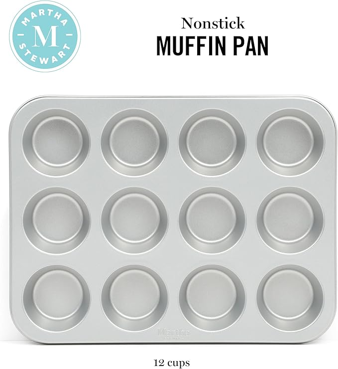 Martha Stewart Gallen 12 Cup Nonstick Carbon Steel Muffin and Cupcake Pan - Silver Durable Bakeware for Muffins, Cupcakes & Mini Cakes