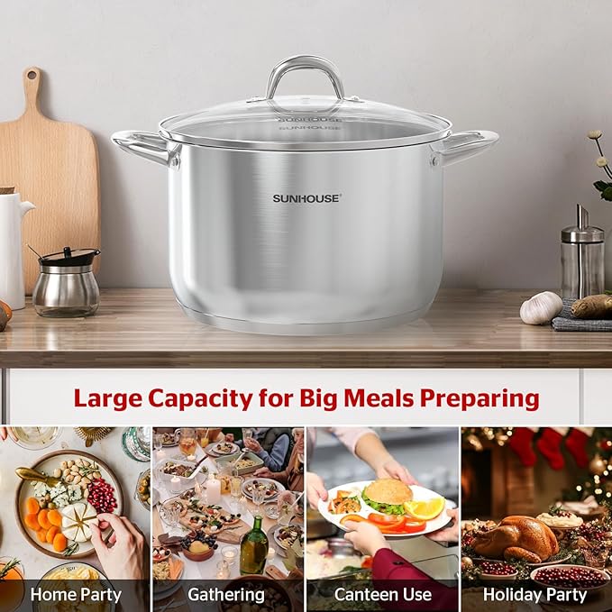 SUNHOUSE 15.5 -Quart Stainless Steel Stockpot – Heavy-Duty Induction Pot with Lid and Riveted Handles – Ideal for Soup, Seafood, Stock, Canning, and Catering for Large Groups and Events
