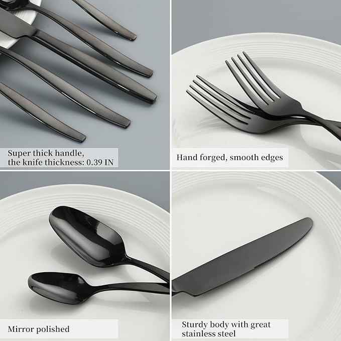 Black 60-Piece Silverware Set,Stainless Steel Flatware Utensils Cutlery Set for 12,Including Steak Knife Fork and Spoon,Dishwasher Safe,Modern Tableware for Home & Dining