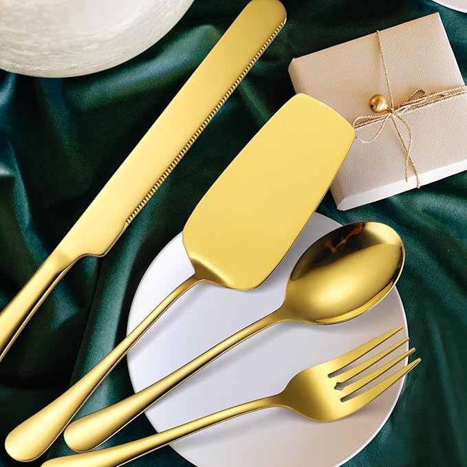 Gold Serving Utensils Set Stainless Steel Large Silverware 7 Piece Include Big Spoon Fork Cake Server Knife Pizza Spatula Pefect for Buffet Catering Flatware
