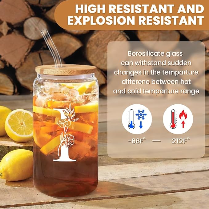 SANDJEST Monogrammed Gifts for Women - Monogram I Initial Glass Cup 16 Oz Can Coffee Cups with Lid and Straw - Monogram Initials Gifts for Womens on Birthday