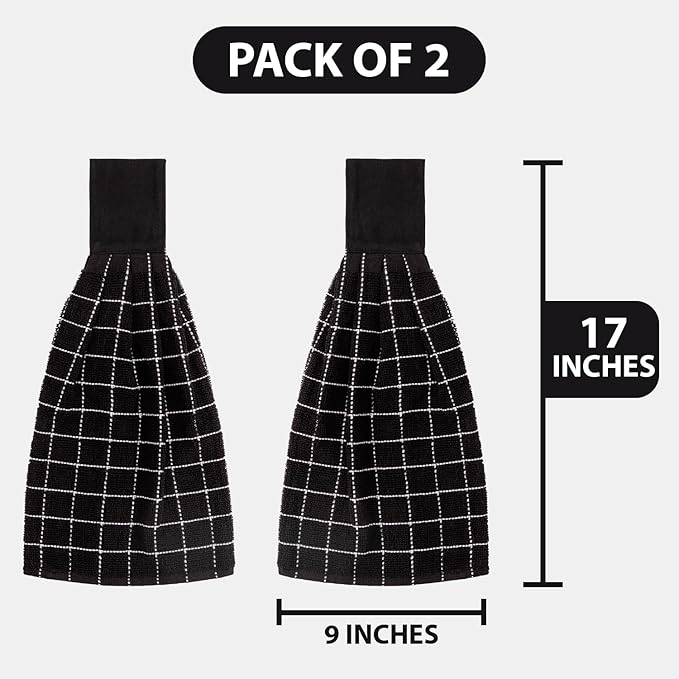 Blue Needles Hanging Kitchen Towels - Black 100% Cotton Solid Kitchen Tie Towel, Set of 2 Hand Dish Cloth with Hanging Loops 9 x 17 Inches, Absorbent, Super Soft, and Fast Drying Home Essential