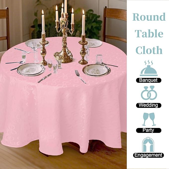 Pink Round Tablecloth, 1PC Circle Table Cover 70" (Seat 4-6) - Cotton Polyester, Wrinkle/Fade Resistant, Washable & Reusable - Luxury Jacquard Table Cloth for Birthday Parties & Weddings, Bows Design