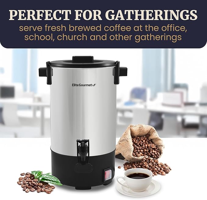 Elite Gourmet CCM-035 Maxi-Matic 30 Cup Stainless Steel Coffee Urn Removable Filter For Easy Cleanup, Two Way Dispenser with Cool-Touch Handles Electric Coffee Maker Urn, Stainless Steel