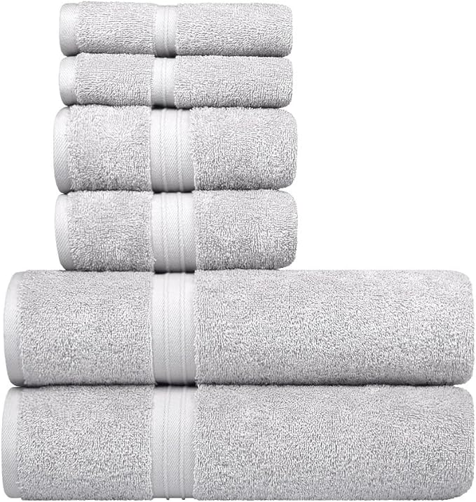 6 Piece Home Towel Set - Cozy & 100% Cotton - Hotel Quality, Soft, Thick, Contain 2 Bathroom Towel (28" x 56"), 2 Bath Hand Towel (16"x28") and 2 Washcloths (12"x12") - Silver Gray