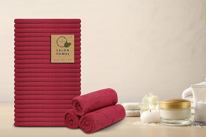 Softolle Salon Towels – Pack of 24 (16"x27") 100% Cotton Ring Spun (Not Bleach Proof) Ultra Soft, Highly Absorbent Hand Towels – Bulk for Spa, Gym & Salon (Burgundy)