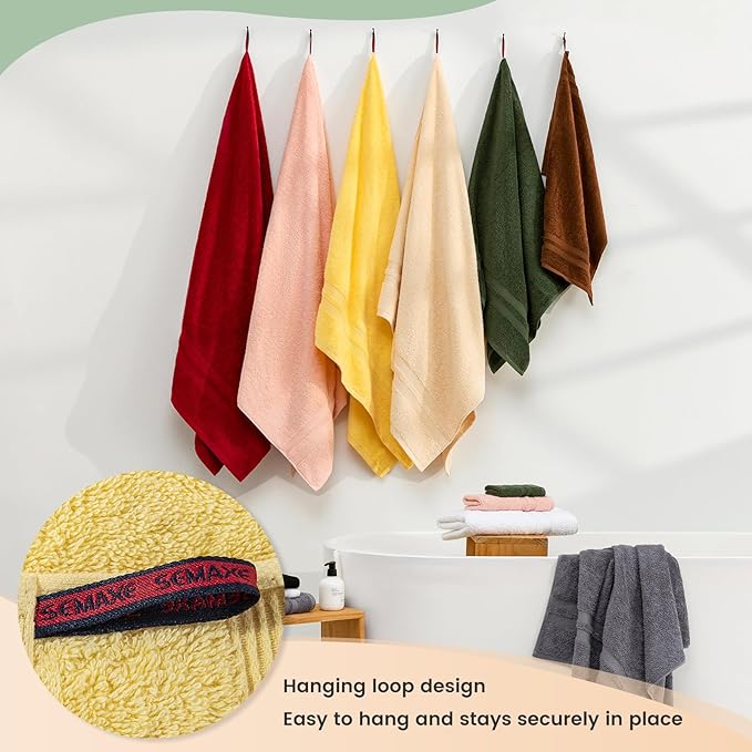 SEMAXE Solid 18-Piece Towel Set, Warm Yellow, 600GSM 100% Cotton, 6 Each of Bath Towel, Hand Towel, and Washcloths, Gift Box Packaging, Hanging Loop Design
