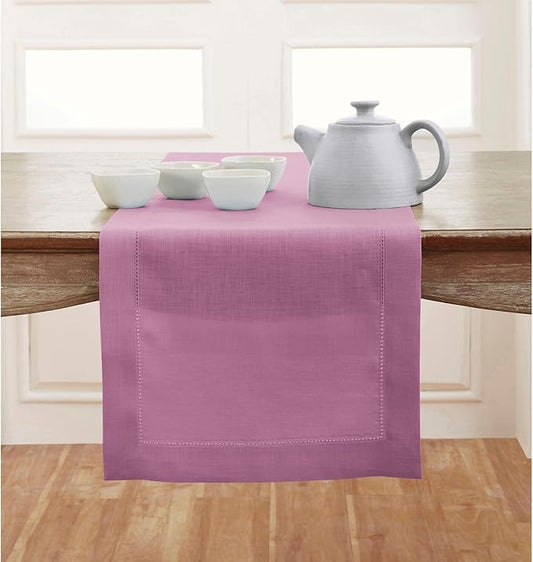 Solino Home Linen Violet Table Runner 90 Inches Long - 100% Pure Linen Hemstitch 14 x 90 Inch Table Runner for Dining, Valentines - Classic Hemstitch