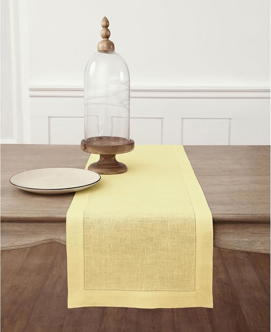 Solino Home Linen Yellow Table Runner 108 Inches Long - 100% Pure Linen 14 x 108 Inch Table Runner - Classic Hemstitch