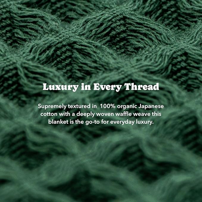 Luxury Organic Japanese Cotton Waffle Towelket Throw Blanket Bedspread for All Sleepers | Soft, Breathable and Thermoregulating (Forest Green, 67''x91'')