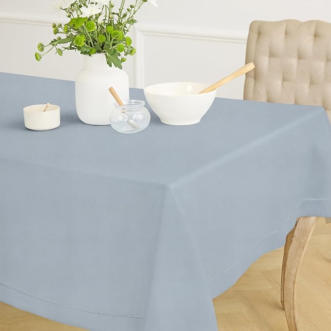 Solino Home Dusty Blue Linen Tablecloth 60 x 108 Inch - 100% Pure Linen Hemstitch Table Cloth for Rectangle Tables - Classic Hemstitch, Machine Washable Tablecloth for Winter