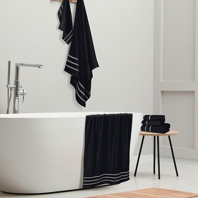 MyOwn Ultra Soft 6 Pack Cotton Towel Set, Contains 2 Bath Towels 28x55 inch, 2 Hand Towels 16x24 inch & 2 Wash Coths 12x12 inch, Ideal Everyday use, Compact & Lightweight - Black, 71645