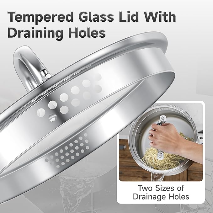 2.5 Quart Stainless Steel Saucepan with Glass Strainer Lid, Thicken Tri-ply Full Body, Multipurpose Sauce Pot with Two-Size Drainage Holes Lid, Perfect For Boiling Gravies, Pasta, Noodles
