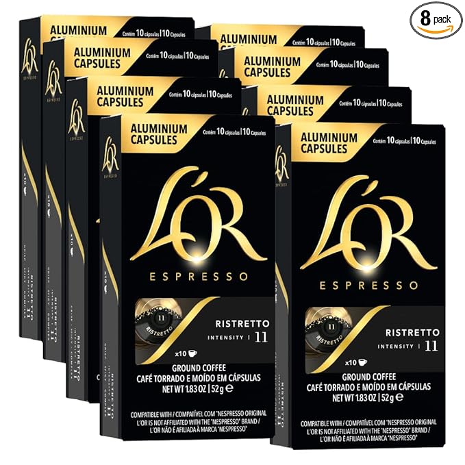 L'OR Espresso Capsules, 80 Count Ristretto, Single-Serve Aluminum Coffee Capsules Compatible with the L'OR BARISTA System & *Nespresso Original Machines, 80 Count (Pack of 8)