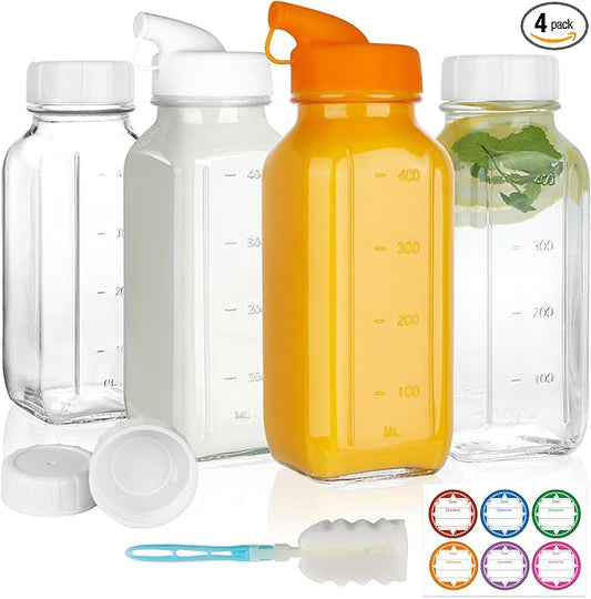 4 Pack 16 OZ Glass Milk Bottles with Lids, Glass Juice Bottles with Scale & Silicone Pour Spout, Reusable Juice Containers Square Drinking Jars for Milk, Coffee, Smoothies, Water