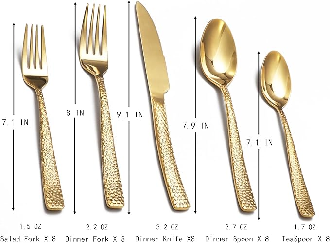 Gold Hammered Silverware Set, 40 Piece Stainless Steel Flatware Set for 8, Food-Grade Tableware Cutlery Set for Home Restaurant, Mirror Polished, Dishwasher Safe