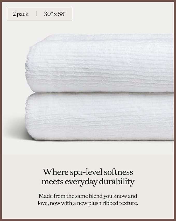 Cozy Earth Ribbed Bath Towel Set - 60% Cotton 40% Viscose from Bamboo Bathroom Towels - Soft & Absorbent Textured Ribbed Pattern - 2 Pack White