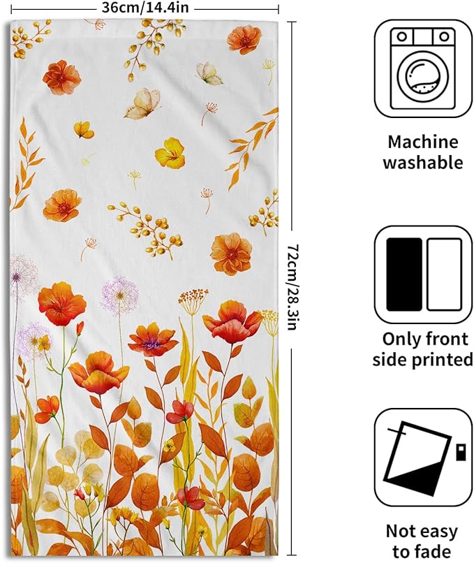 Imiss Orange Wildflowers Hand Towels Fall Yellow Poppy Floral Watercolor Botanical Bathroom Towel Set of 2 Autumn Seasonal Soft Absorbent Bath Guest Towels for Gym,Spa,Hotel