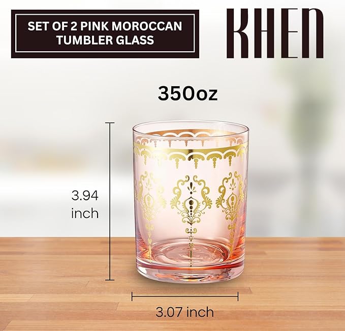Khen Pink Moroccan Tumbler Glassware | Set of 2 | Gold Ornate Vintage Decorative Drinking Cups, Retro Bohemian Pattern Barware for Water, Whiskey, Cocktail, Iced Tea, Durable Embossed Home Drinkware