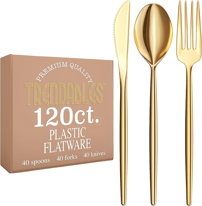 Trendables Gold Plastic Silverware Set Gold Silverware Disposable Forks and Spoons Disposable 120 Pack Plastic Utensils Set Includes 3 x 40 each Knives & Spoons & Forks For Parties and Events