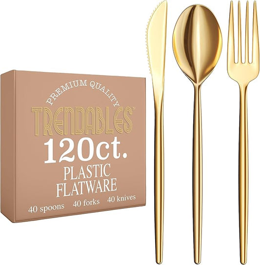 Trendables Gold Plastic Silverware Set Gold Silverware Disposable Forks and Spoons Disposable 120 Pack Plastic Utensils Set Includes 3 x 40 each Knives & Spoons & Forks For Parties and Events