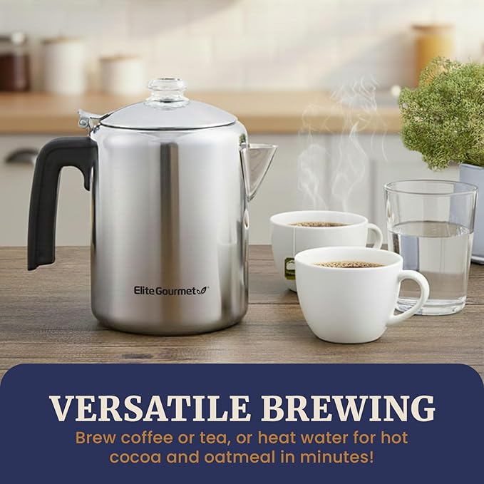 Elite Gourmet EC008 Classic Stovetop Coffee Percolator, Glass Clear Brew Progress Knob, Cool-Touch Handle, Cordless Serve, 8-Cup, Stainless Steel