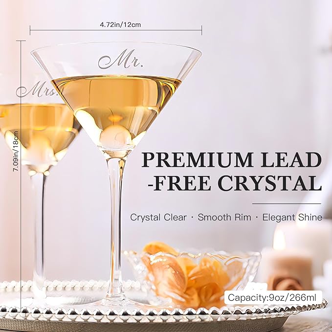 Mr and Mrs Coupe Glasses Set – Martini Glasses for Couples with Gift Box, Christmas Gifts for Couples, Wedding & Engagement Gifts, Bridal Shower Gift for Bride