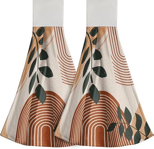 Giwawa Boho Leaf Kitchen Towels 2 Pcs Orange Modern Dish Cloth Soft Absorbent Tie Towels for Bathroom Hotel Gym Home Decor