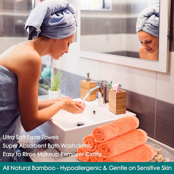 Face Towels 6 Pack, Extra Large 13x13 inch Orange Wash Cloths for Face and Body, Super Soft and Absorbent Bath Washcloths on Sensitive Skin, Easy to Clean Quick Dry Facial Cleaning Cloths with Loop