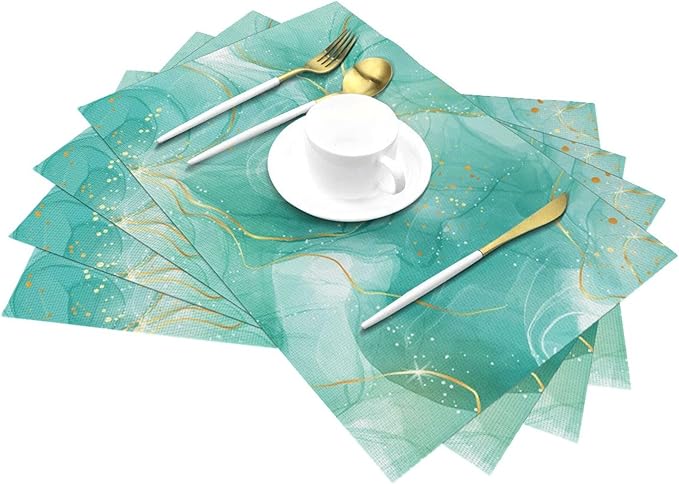 Teal Gold Marble Placemats Set of 4, Linen 12"x18" Green Turquoise Place Table Mat Washable Heat Resistant for Kitchen Dining Holiday Party Modern Home Decor