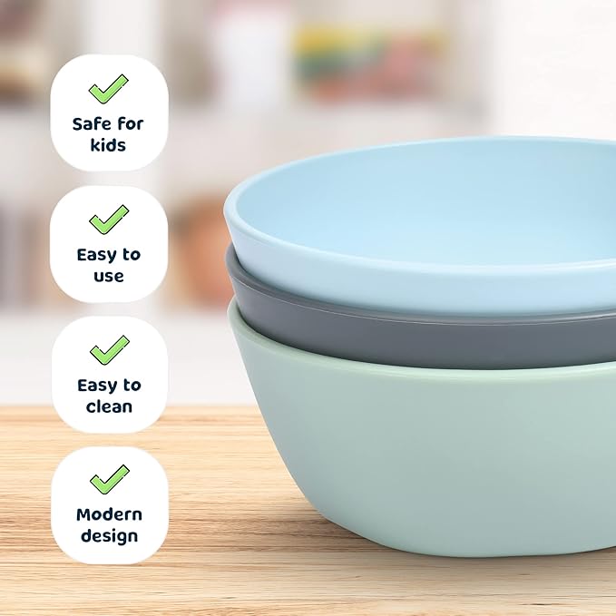 Tiny Twinkle Tableware 3 Pack Dish Set- BPA-Free Cups, Plates and Bowls Sets For Kids and Toddlers - Polypropylene Plastic Dinnerware Set (Sage, Charcoal, IceBlue) Round Bowl